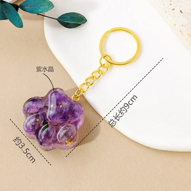 Natural crystal cat's paw keychain pendant in choice of ten stone types