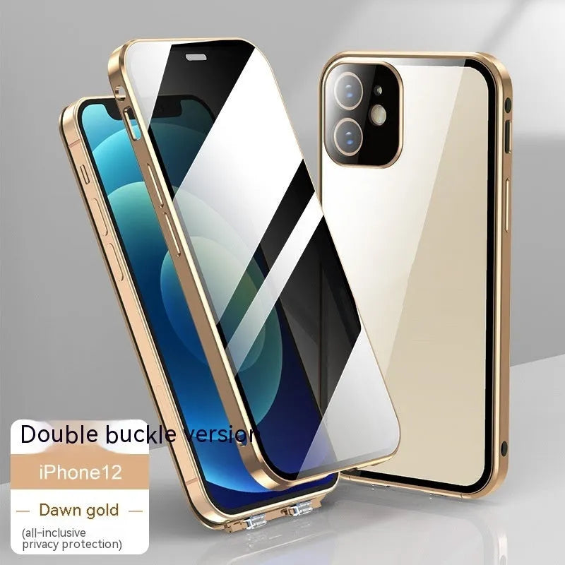 Glass back iPhone privacy case with double-sided buckle, shown in silver colour.