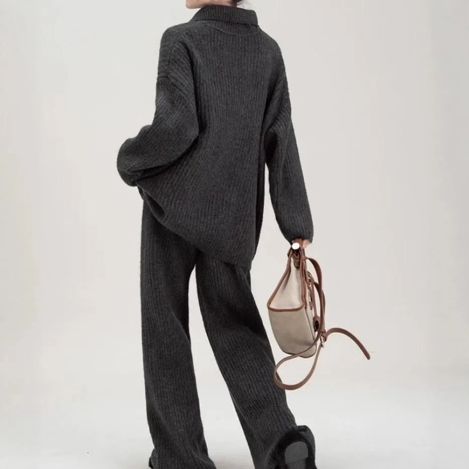 Women's sweater suit two-piece set with long-sleeve top and trousers in imitation cashmere fabric