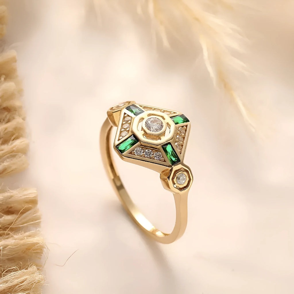 Square geometric emerald diamond ring in lvzuan colour with electroplated finish