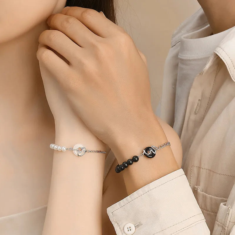 New Chinese style 925 sterling silver bracelet with snake design, obsidian pearl, and safety buckle clasp.