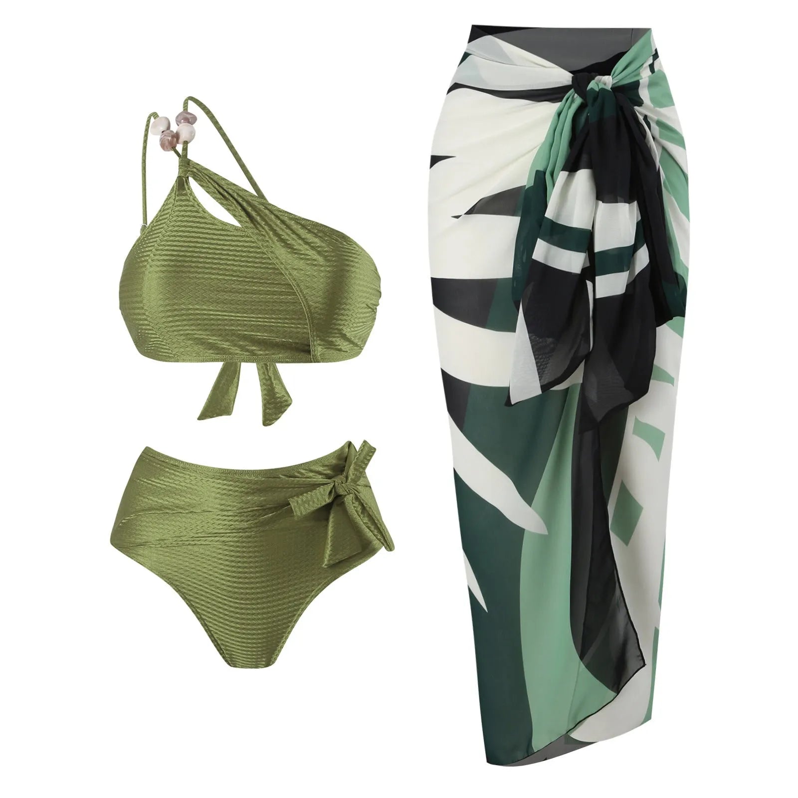 Women's high-waisted push-up swimsuit with brown chiffon dress cover-up showing split skirt design