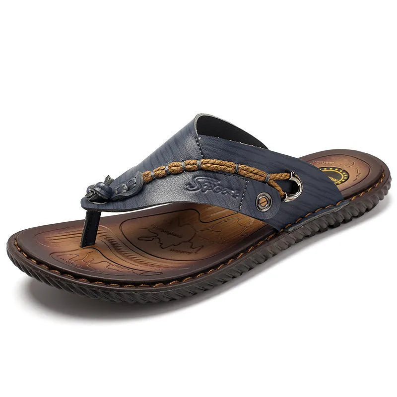 Men's black PU leather non-slip casual slippers shown from the side.