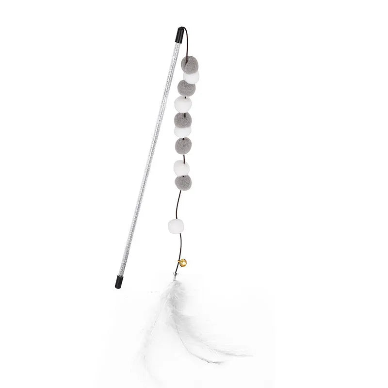 Grey, yellow, and blue cat teaser toy rod with feather, pompon, and bell measuring 31cm.