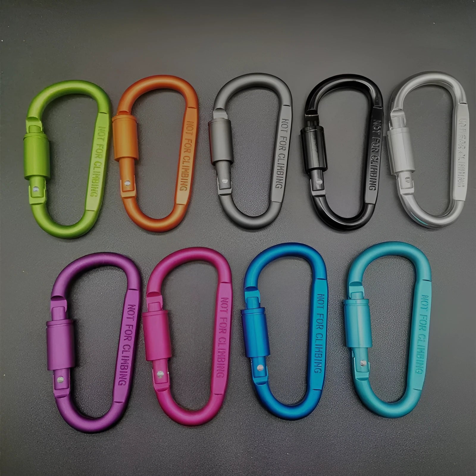 D-type aluminium locking carabiner, 8cm flat, shown in one of ten available colours.
