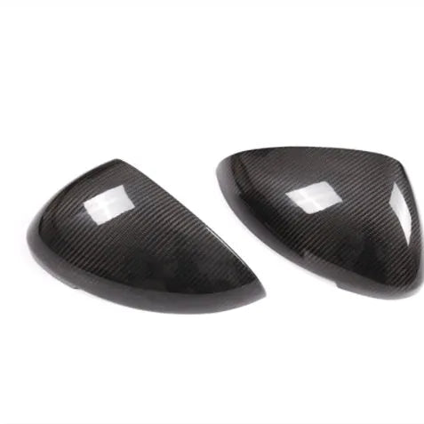 Pair of true carbon fibre rearview mirror covers for Porsche Macan, black finish.