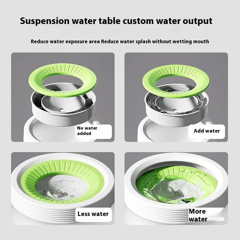 Green non-wet mouth suspension pet water bowl for dogs and cats on a white plate