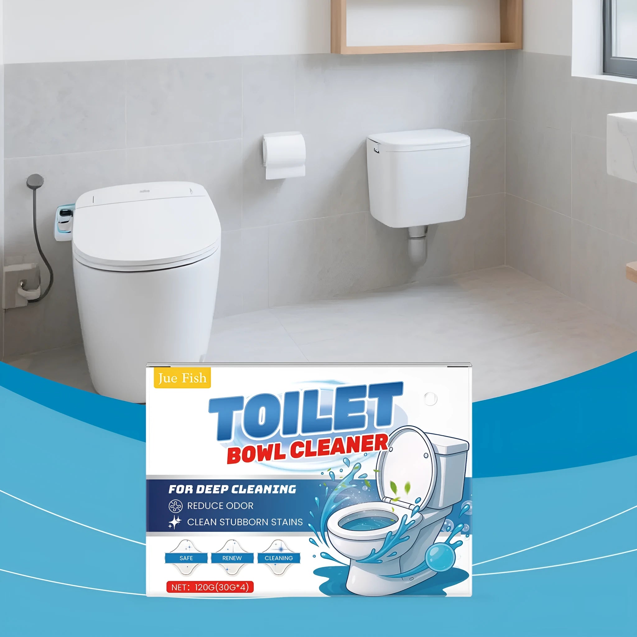 Pack of toilet cleaning powder showing four individual 30g sachets, total 120g.