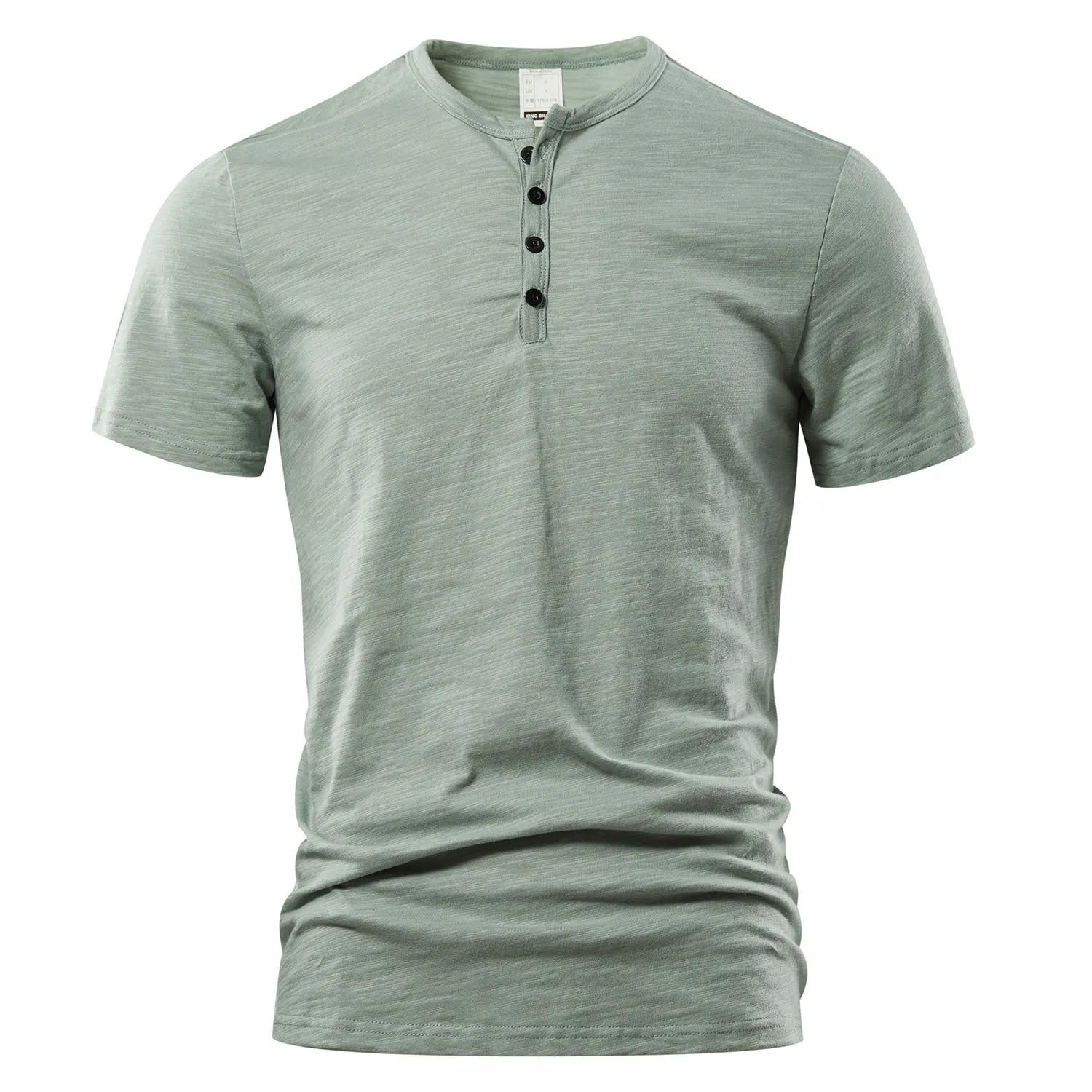 Men's slub cotton short sleeve T-shirt in denim blue solid colour, showing textured fabric and pullover style.