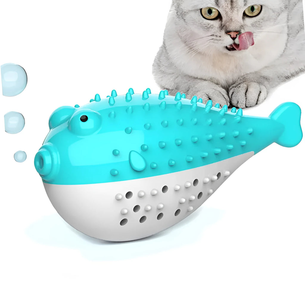Blue silicone fish-shaped cat chew toy with a protruding grabbing handle on a white background.