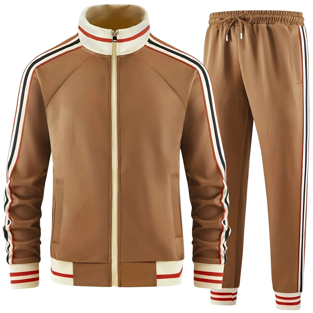 Khaki coloured street style polyester cardigan and trousers leisure suit set on a hanger.