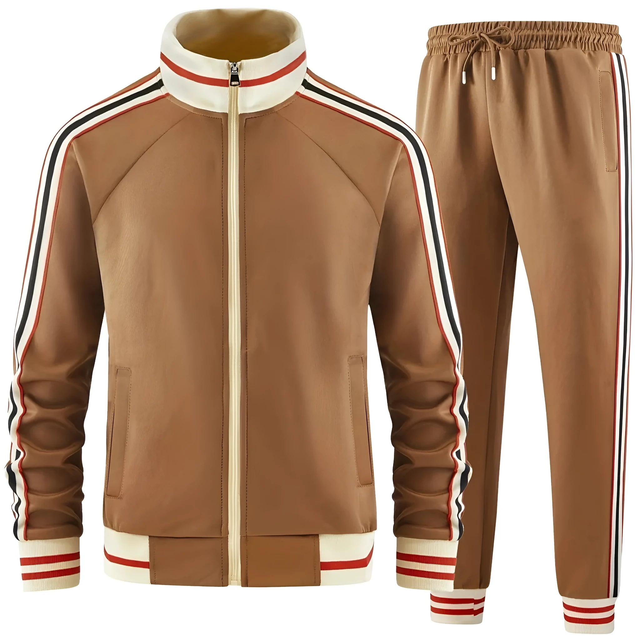 Khaki coloured street style polyester cardigan and trousers leisure suit set on a hanger.