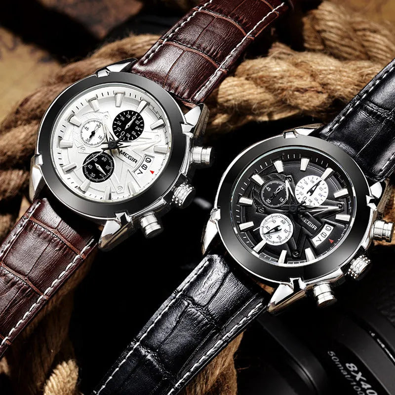 Men's multifunctional quartz chronograph watch showing three subdials and luminous hands on a brown and white dial