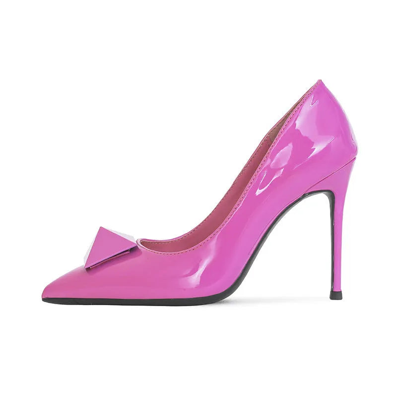 Pink pointed toe stiletto heels for women with patent leather upper and buckle detail