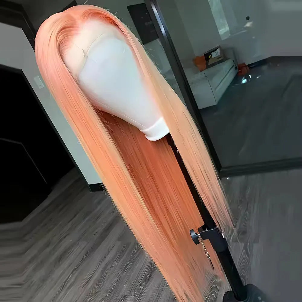 Light orange long straight synthetic wig with front lace and side bangs on display