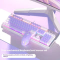 White and purple LED backlit mechanical keyboard and wired mouse set on a desk.