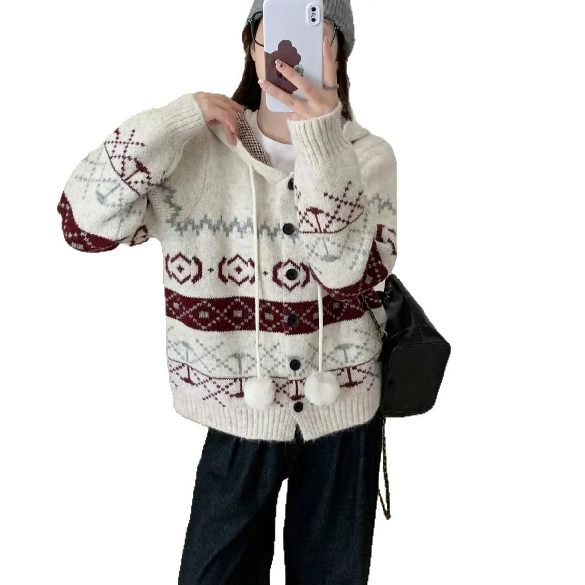 Geometric pattern brocade sweater coat in milky white loose fit plus size women's outerwear