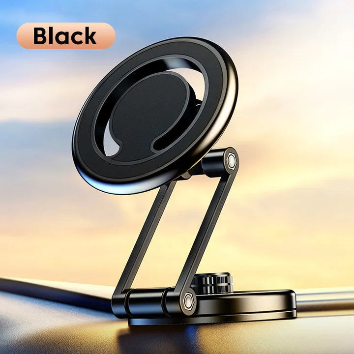 Telescopic folding car phone holder in black or silver, showing magnetic dashboard mount and extended arm.
