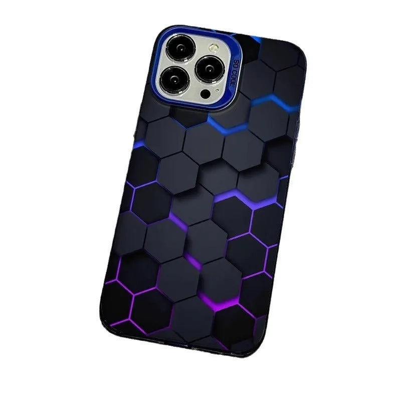 Frosted protective iPhone case with honeycomb square pattern in Moonlight Black, shown fitted on a phone.