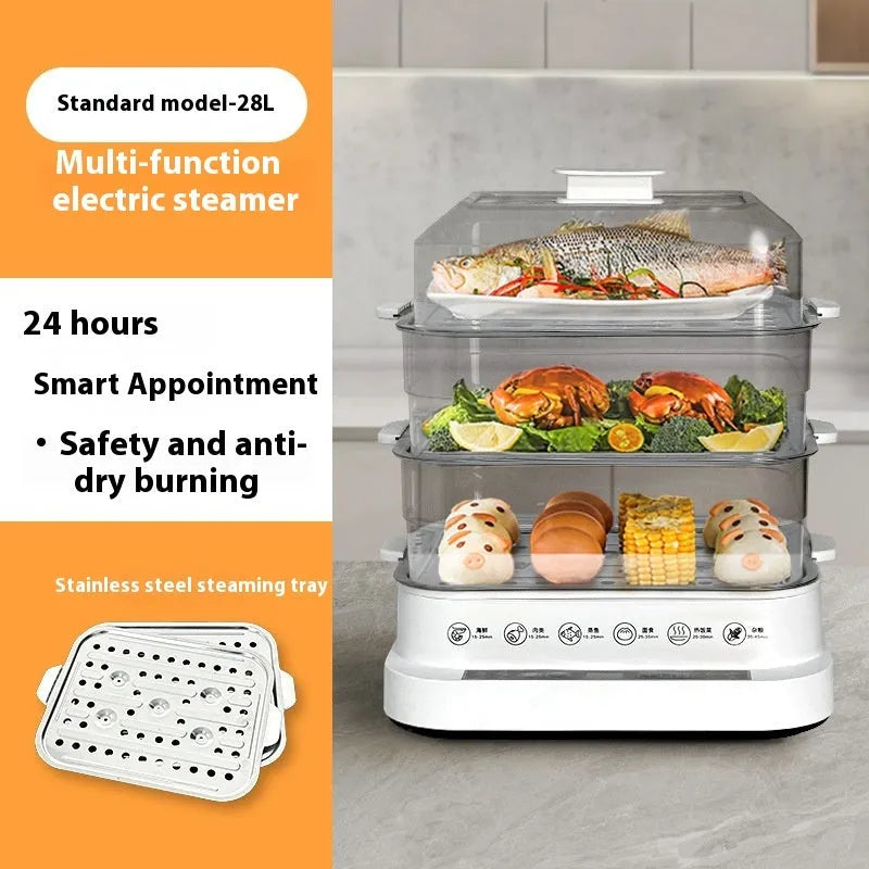 28-litre capacity automatic electric steamer with stainless steel rack on a kitchen counter.