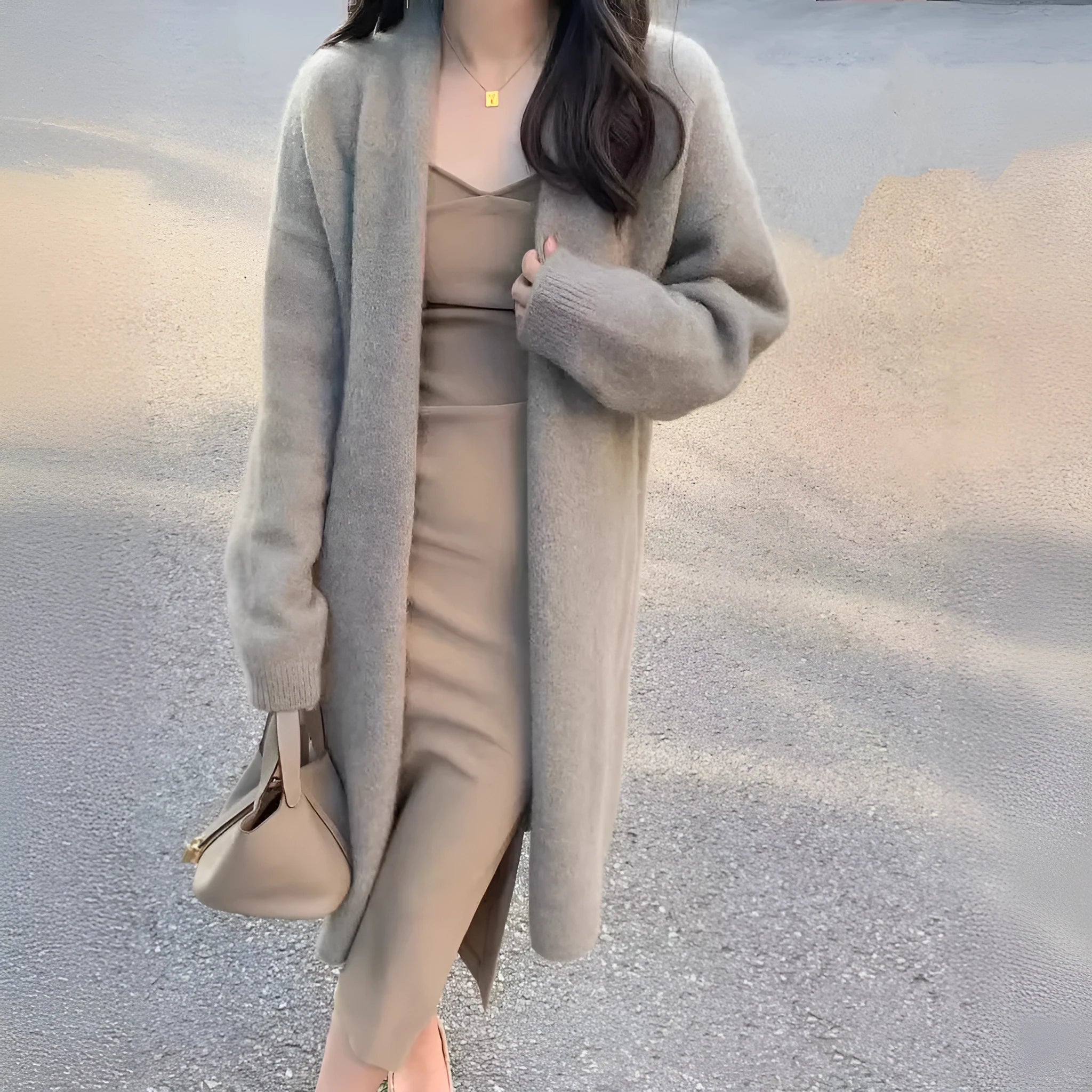 Women's V-neck knitted cardigan in khaki colour with mid-length loose fit
