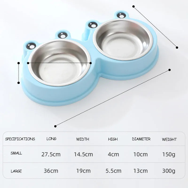 Blue stainless steel double bowl pet feeder with frog-shaped centrepiece for cat or dog food and water.