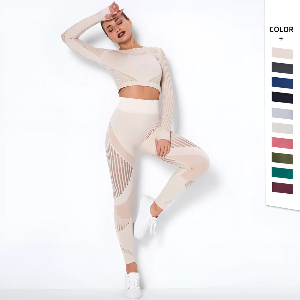 Women's long-sleeved seamless knitted yoga suit in a stripe pattern, shown in navy blue.