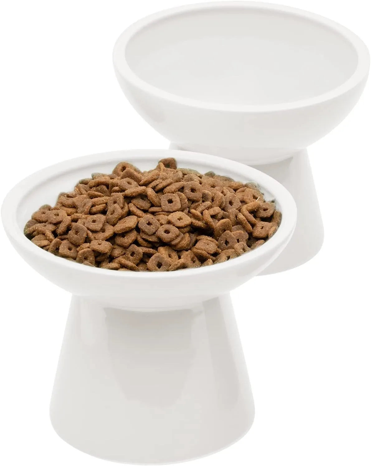 Wide shallow blue elevated ceramic bowl for cat food and water on a floor