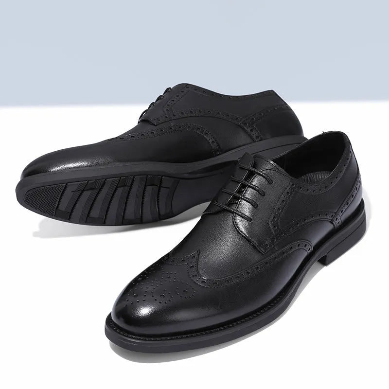 Men's black and brown business brogue leather shoes with traditional wingtip design