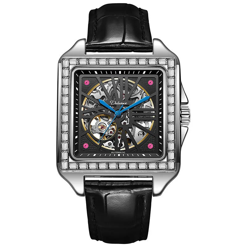 Men's square automatic watch with diamond-studded design on black leather strap