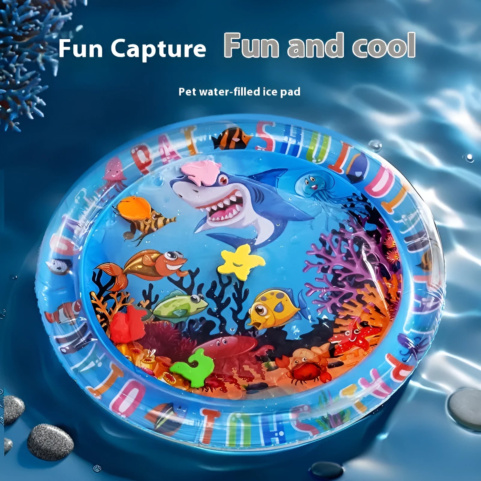 PVC inflatable pet water cushion with aquatic designs for summer cooling