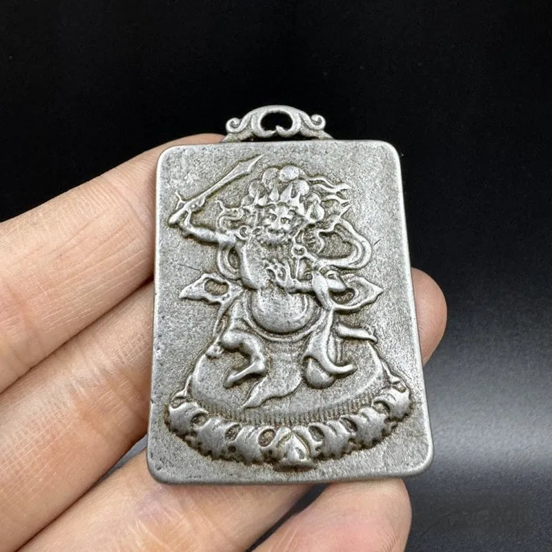 Iron metal hanging pendant with Chinese geometric design featuring Buddhist deity motif