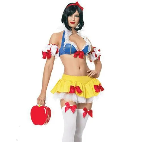 Snow White anime cosplay costume set with headdress, top, short skirt and hand sleeves