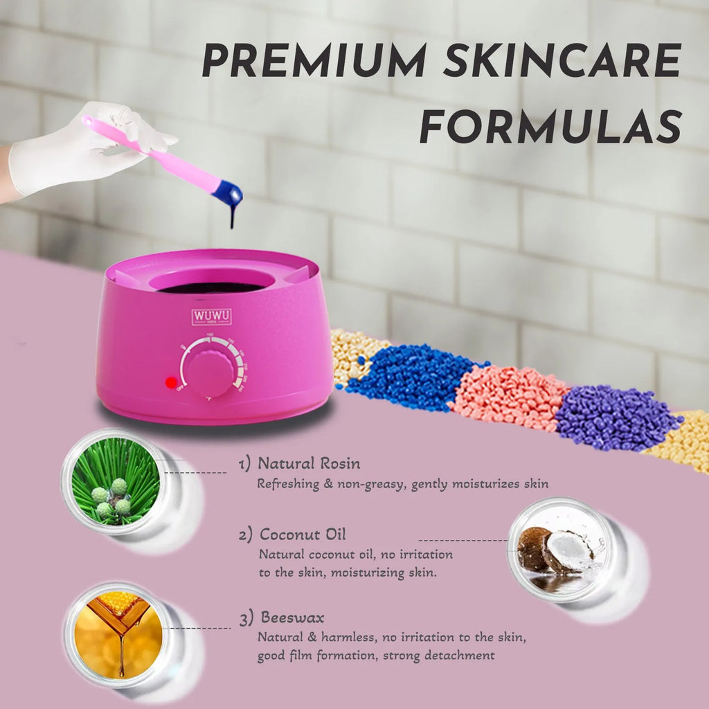 52-piece professional waxing kit showing hard wax beans, wax warmer, application sticks, post-care lotion and ice masks for sensitive skin hair removal.