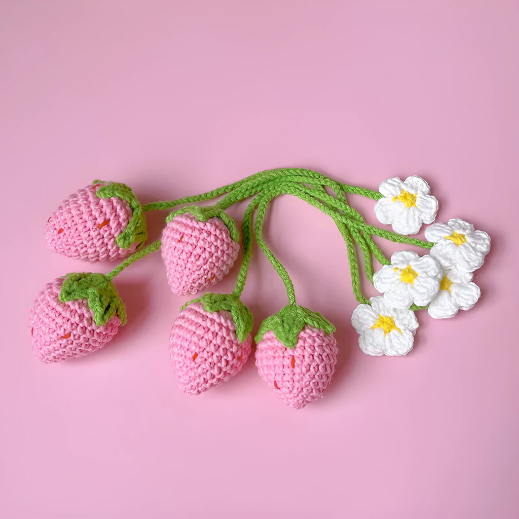 Wool crochet strawberry pendant with 35cm chain in red or pink woven design