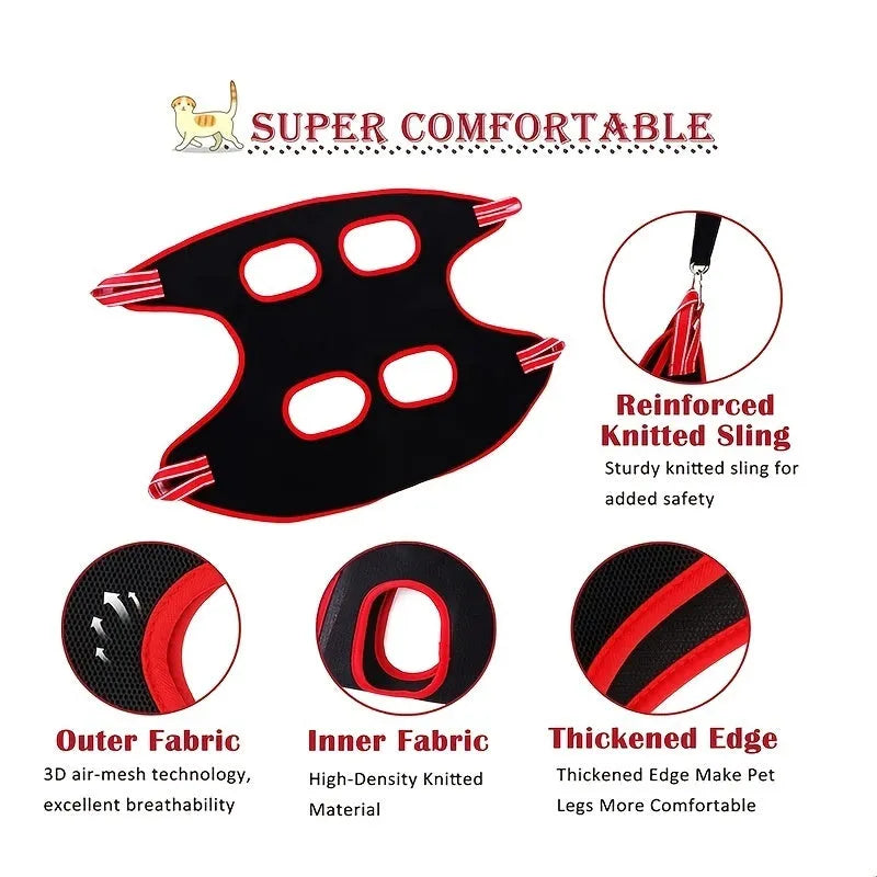 Pet grooming hammock restraint bag hanging with adjustable straps for nail trimming and bathing procedures