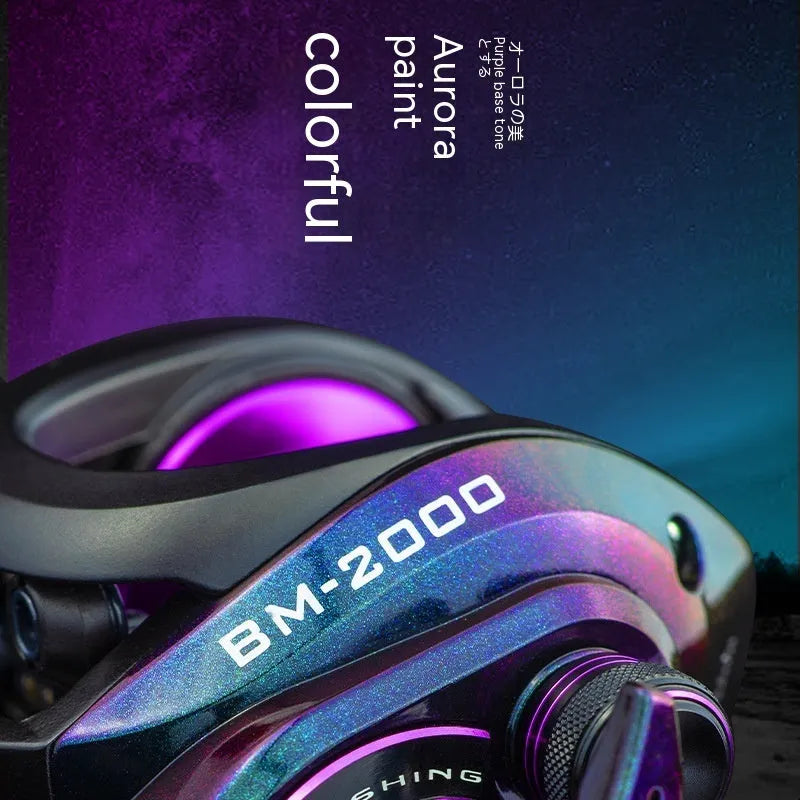 Colourful BM2000 fishing reel on a white background, showing left and right-hand retrieve options.