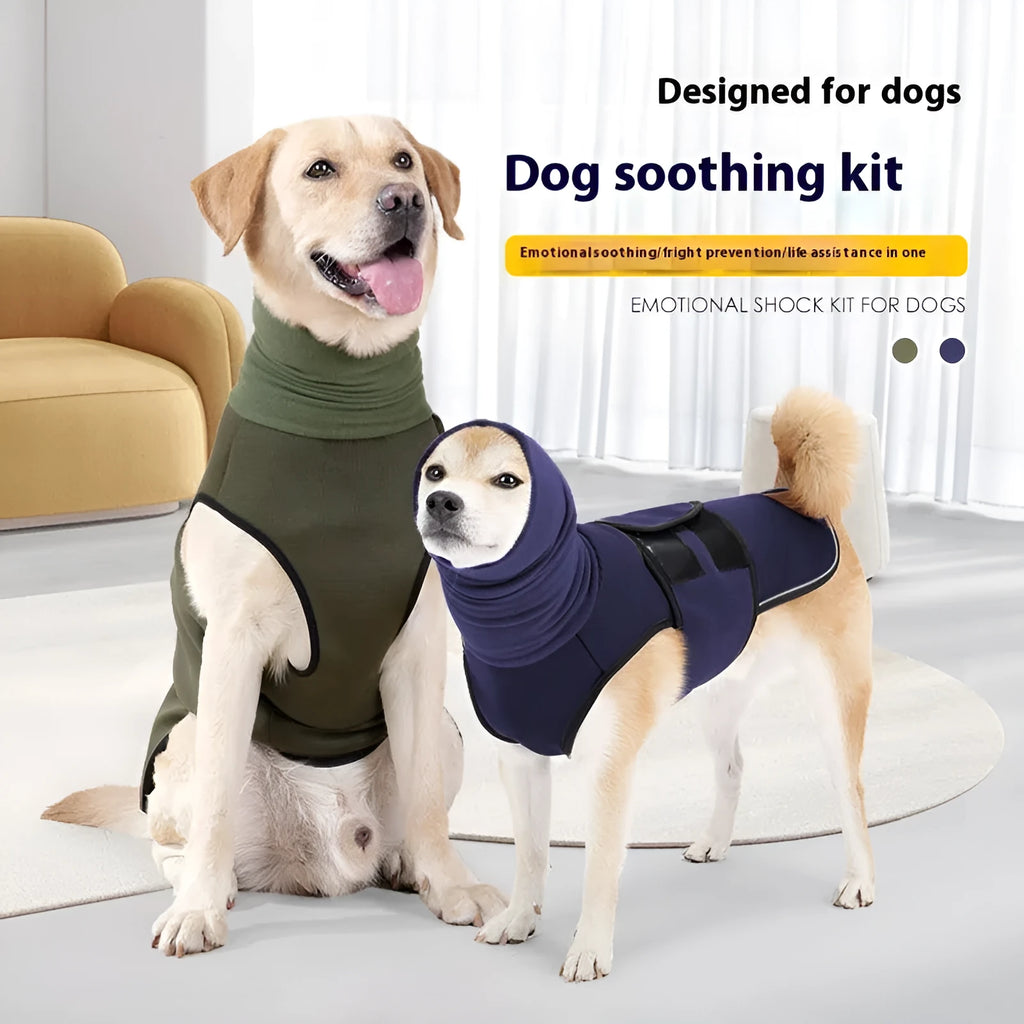 Army green and dark blue polyester dog anxiety jacket in sizes XS to XXXL for stress relief