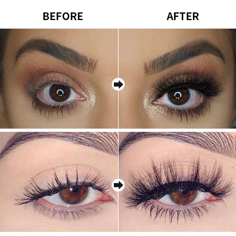 Black waterproof mascara tube for thick, long, curled lashes, shown with colour box and opp bag packaging.