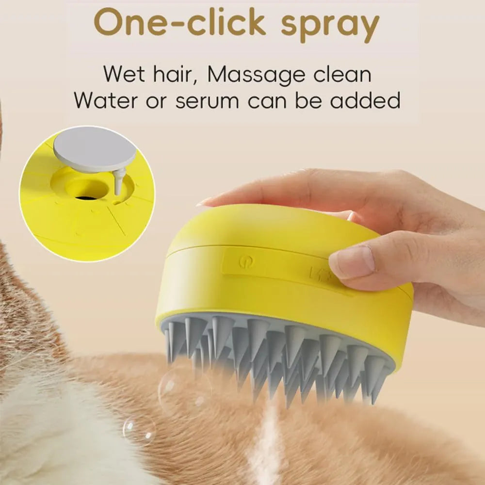 Green rechargeable cat and dog steam brush with soft silicone bristles on an ergonomic handle.