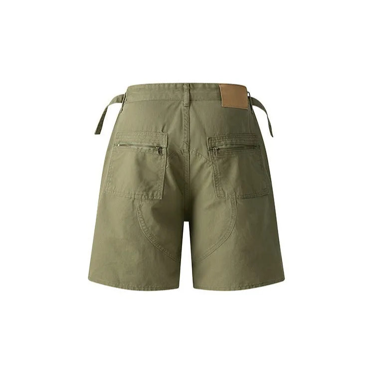 Retro washed cotton workwear shorts in a loose fit, shown in grey, green, camouflage, or blue colour.