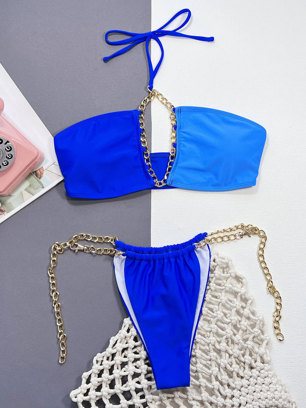 Blue solid colour women's nylon bikini swimsuit with split style design