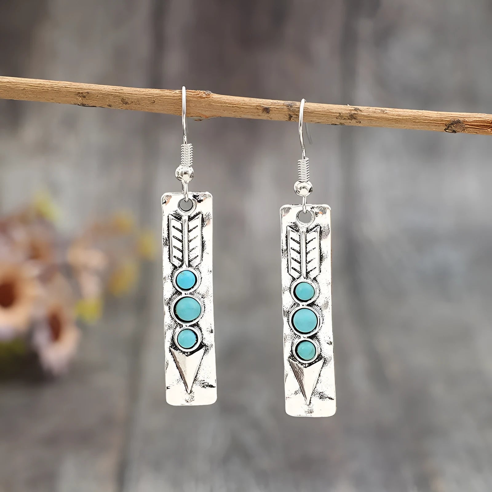 Silver geometric earrings with turquoise inlay in long strip retro design