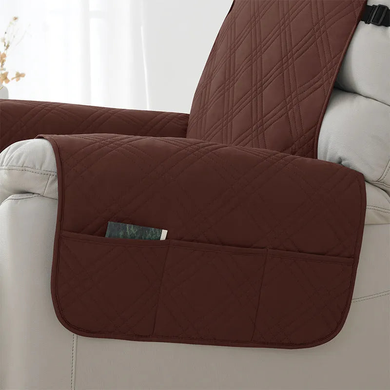 Quilted waterproof sofa cover in burgundy on a Chivas massage chair, showing three-line stitching and fitted design.