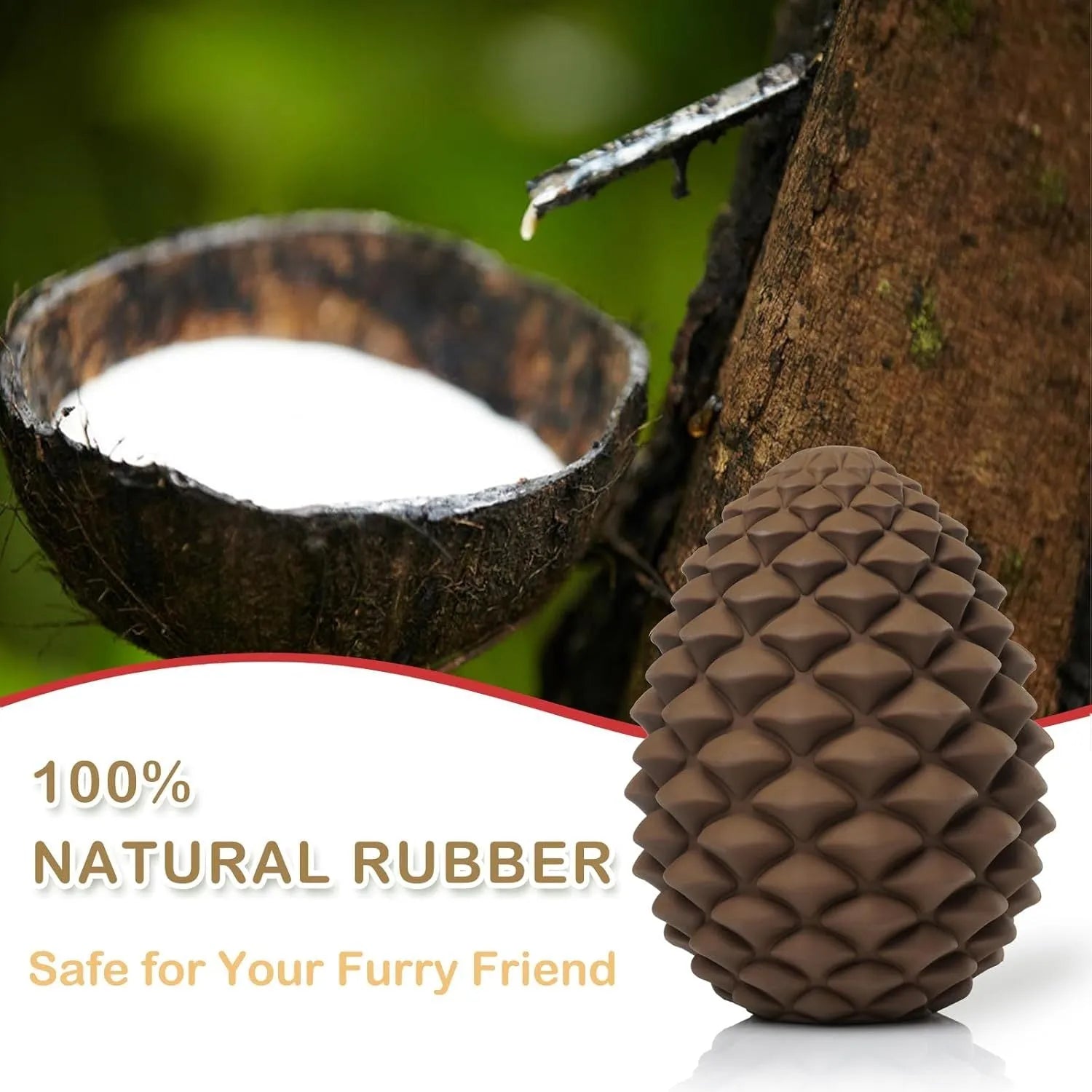 Yellow pine cone-shaped natural rubber dog chew toy with textured surface and treat dispenser hole.