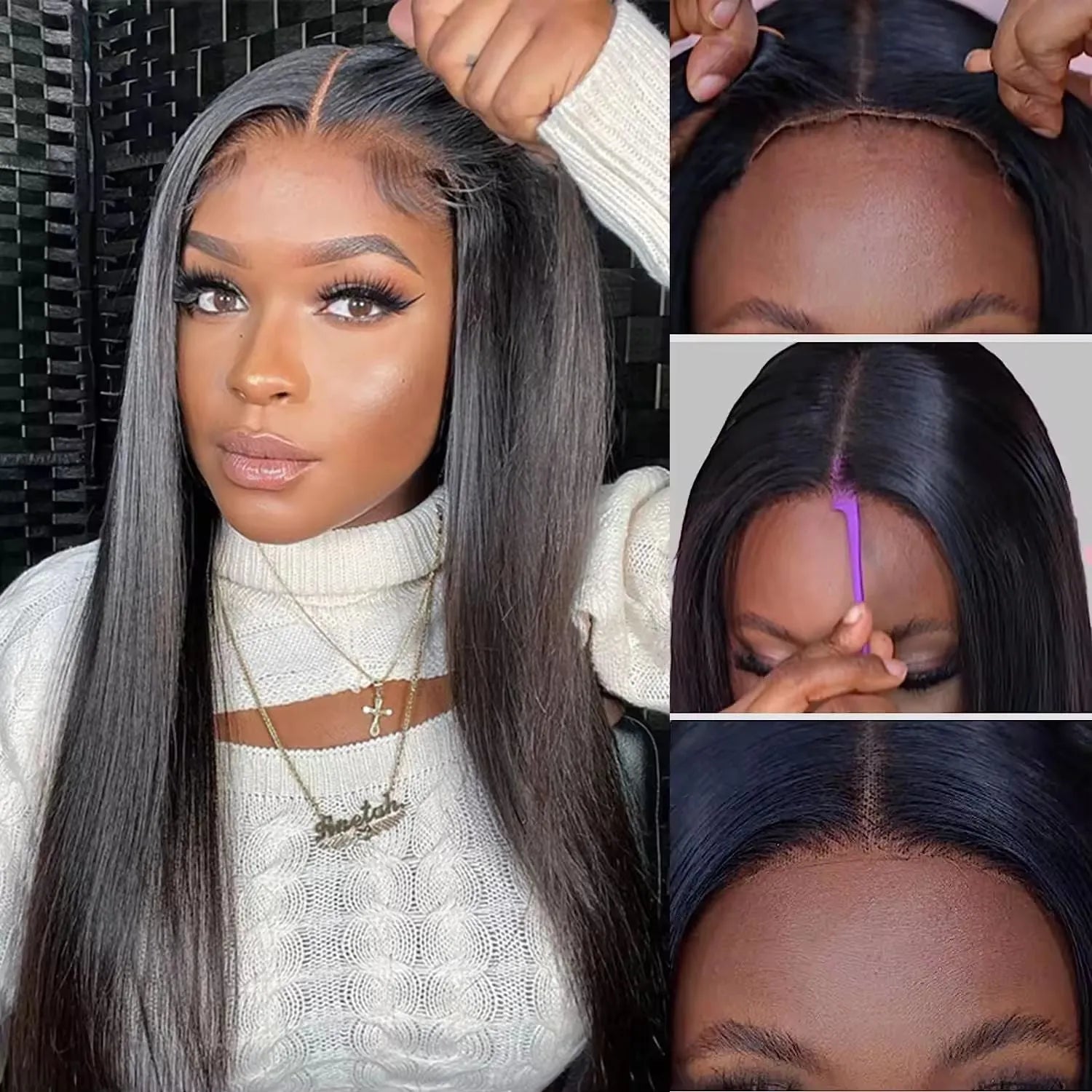 Glueless human hair straight wig with side bangs shown in natural style