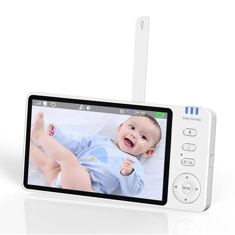 White wireless baby monitor with 5-inch screen showing baby room temperature display