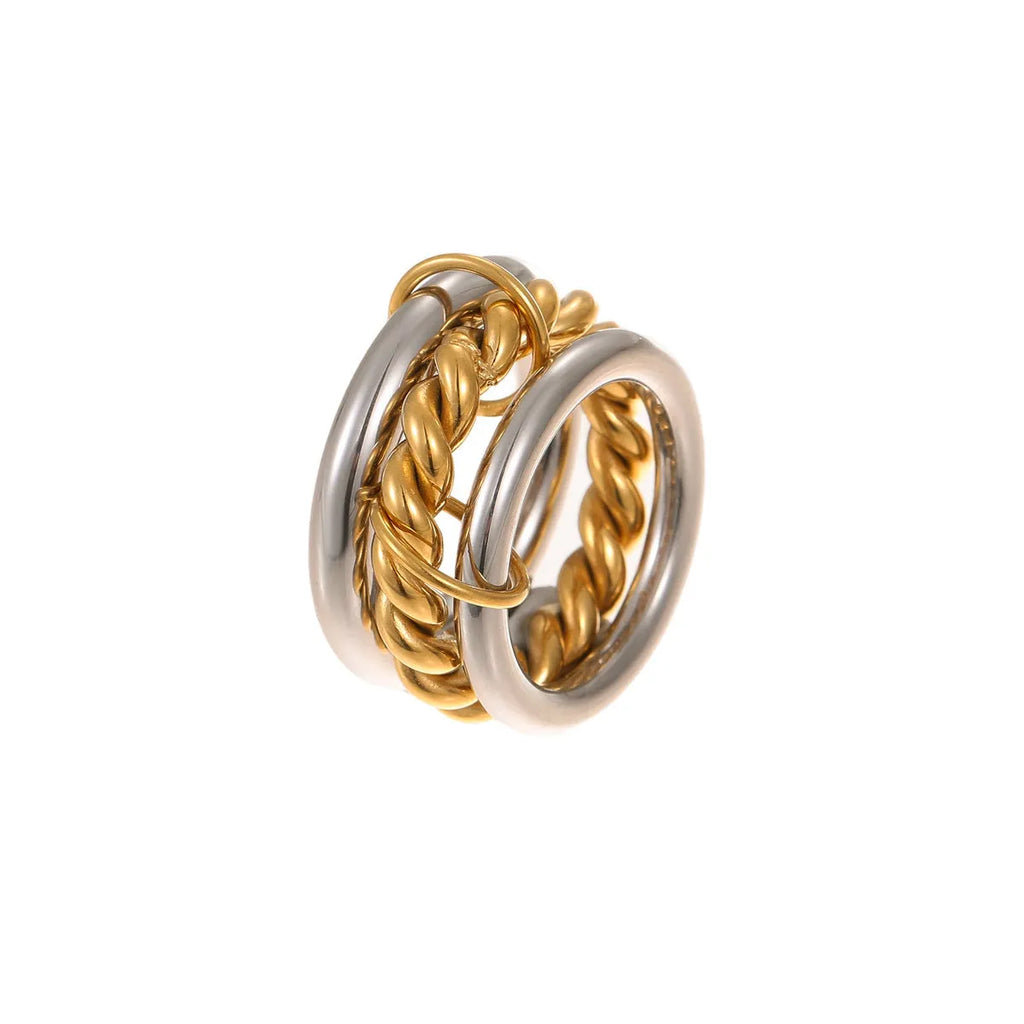 Stacked colour matching stainless steel rings with 18K gold plating in three colour variants for women