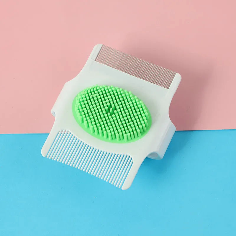 Blue multifunctional pet grooming comb with floating hair removal and massage features measuring 8.5 by 7.5 cm