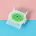 Blue multifunctional pet grooming comb with floating hair removal and massage features measuring 8.5 by 7.5 cm